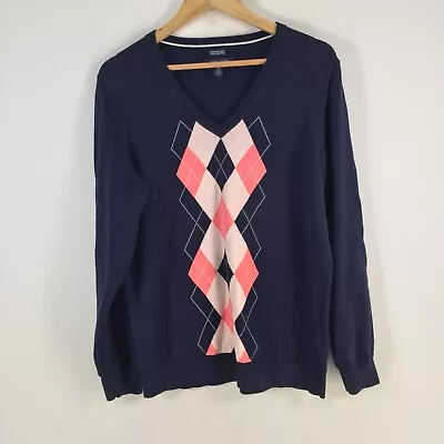 Tommy Hilfiger Womens Knit Jumper Size 2XL Navy Blue Argyle Vneck Cotton 080778 • $29.95