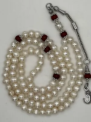 Natural Pearl Tasbih Misbaha With Red Jasper Rosary Prayer Bead مسبحة لؤلؤ طبيعي • $159.99