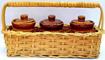 Adorable Vintage Condiment Caddy -- Jars (3) Brown And Beige Crocks With Basket • $13