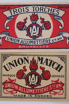 Trois Torches Union Match Sweden Vintage Matchbox Label Set Of 2 • $12