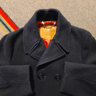 Vintage 80s Woolrich Jacket Men's 34 Small Wool Navy Anchor Button Pea Coat  • $45