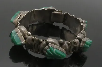 925 Sterling Silver - Vintage Green Onyx Carved Hinge Chain Bracelet - BT5943 • $177.99