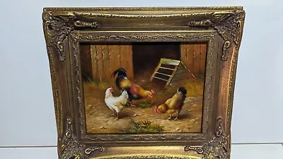 Ornate FramedHand Painted Oil Painting 8x10 Inch Farm Chickens Bird • $138