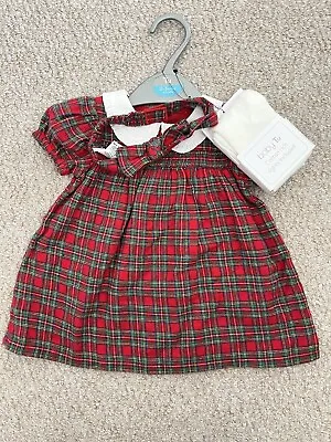 £7.99 • Buy Baby Girls 0-3 Months Outfit Red Tartan Dress Set Headband Tights Tu BNWT
