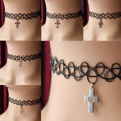 Tattoo Choker Stretch Black Necklace Retro 90s Vintage Elastic Cross Punk Gothic • £2.15