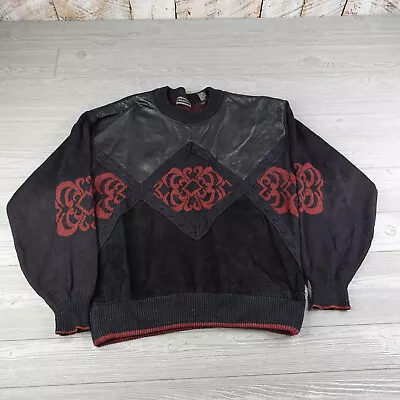 Vintage Saxony Leather And Knit Sweater Black & Red Geometric Men's L Large • $49.95