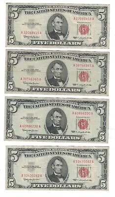 1963 $ 5 Five Dollars Red Seal Small Note Fr.1536/ Price For Each Note. • $9