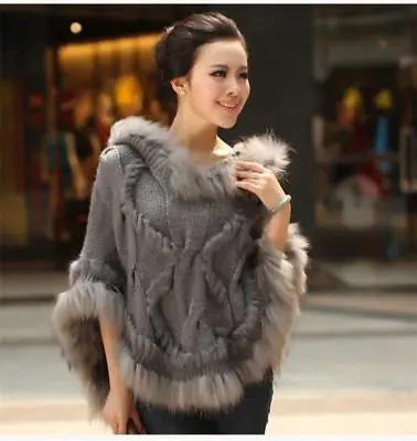 Women Rabbit Fur Sweater Coat Knitted Pullovers Loose Cape Poncho Warm Coat New • $59.51