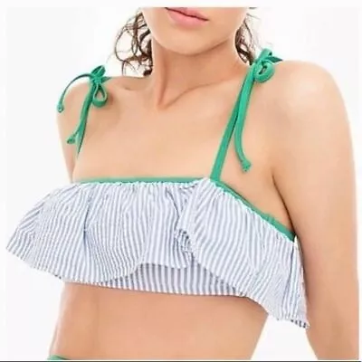 J.Crew $68 Tie-Shoulder Flutter Bikini Top K8010 Seersucker Blue & Green Sz Med • $33