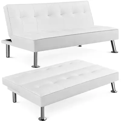 Modern Convertible White Faux Leather Futon Couch Sleeper Sofa Bed Loveseat Whit • $209.72