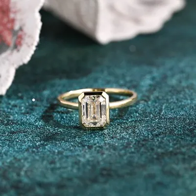 3 Ct Emerald Cut VVS1 Moissanite Bezel Engagement Ring 14k Yellow Gold Plated • $129.35