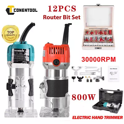 800W 1/4  Electric Hand Trimmer Palm Router Wood Laminator 12/15PCS Bits Set UK • £22.19