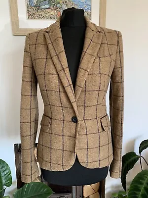 ZARA Brown Checked 100% LAMBSWOOL Hacking Jacket Blazer Elbow Patches Size M • £39.99