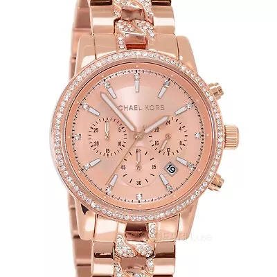 Michael Kors Ritz Womens Pave Glitz Watch Chronograph Rose Gold Band Crystals • $131.08