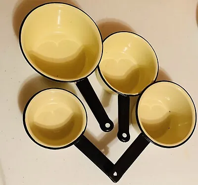 Vtg 1930's Set Of 4 Yellow W/ Black Trim Vintage Enamelware Sauce Pans Pots • $25.50