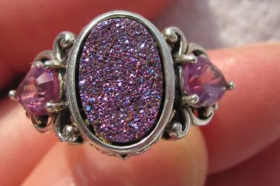 Estate Sterling Silver Pink Magenta Druzy Quartz & Mystic Topaz Ring Size 5 • $75