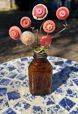 Pink Flower Vintage Button Bouquet Brown Glass Bottle Whimsical • $11.50