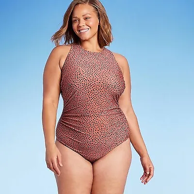 Women's Spotted Print High Neck Ruched High Coverage One Piece Swimsuit - Kona • $7.99