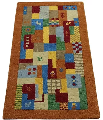 Gabbeh Carpet 100% Wool 70X140cm Handmade Terracotta Hand T993 • £81.21