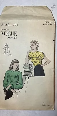 Vintage Vogue Pattern 40’s Sz 15 33 Junior 3138 Blouse • $4.90