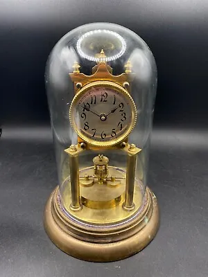 £142 • Buy Pillar Torsion Clock 400 Day Kienzle Germany Brass With Key & Glass Dome Antique