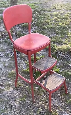 MCM Vintage Red Cosco Kitchen Step Stool Chair Pull Out Steps  Mid Century Retro • $99.99