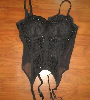 VINTAGE VICTORIA'S SECRET Beaded Sequin Black Corset Bustier 36B Garter Mob Wife • $89.99