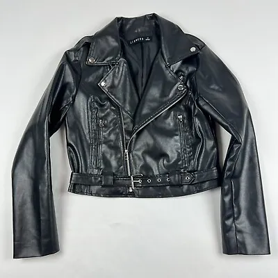 Lioness Vegan Leather Jacket Belt Black Moto Motorcycle Biker Womens Medium EUC • $54.88