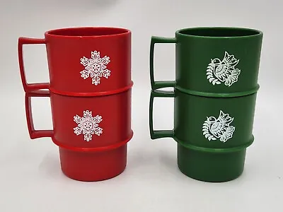 Vintage Tupperware Green And Red Christmas Plastic Mugs Set Of 4 #1312 • $12