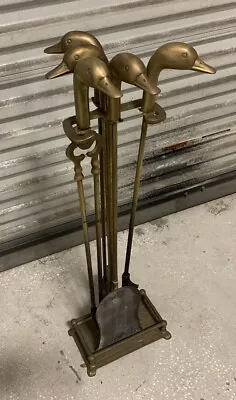 Vintage Brass Duck Head Brass Fireplace Kit Stand 5Pc Complete Set Mallard Duck • $145