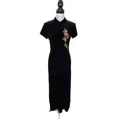 Vintage Black Velvet Floral Embroidered Asian Inspired Long Dress - Women's  8 • $29.75