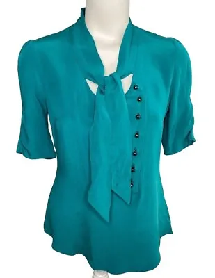 Madison Marcus Teal Silk Neck Tie Button Detail Blouse Top Sz Small • $43.23