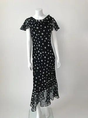 Vintage Silk Chiffon Dress Black White Polka Dot • $35