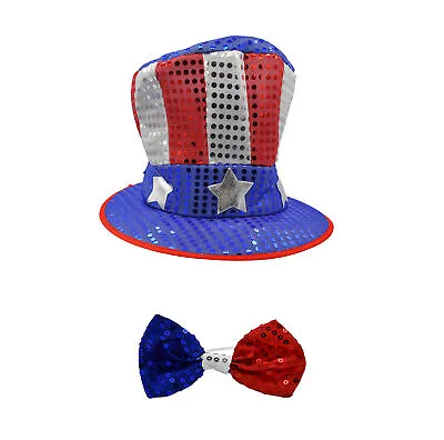 Uncle Sam Red White Blue Hat Sequin Patriotic Top Hat And Bow Tie Costume Set • $17.95