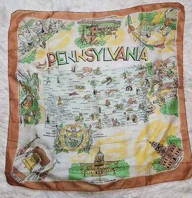 Vintage Silk Souvenir Scarf Pennsylvania Landmarks Tourist Attractions Map 33x33 • $16.29