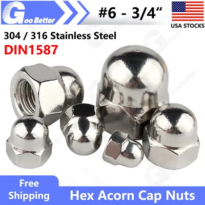 #6 #8 - 3/4  Hex Acorn Cap Nuts Dome Cap Nuts 304 / 316 Stainless Steel DIN1587 • $7.29