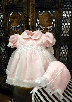 NWT Will'beth Pink Sheer Overlay Smocked Dress Preemie Bonnet Baby Girls 00 • $53.99