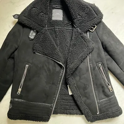 Zara Outerwear Classic Faux Sherpa & Suede Motorcycle Biker Jacket Bomber Coat • $40