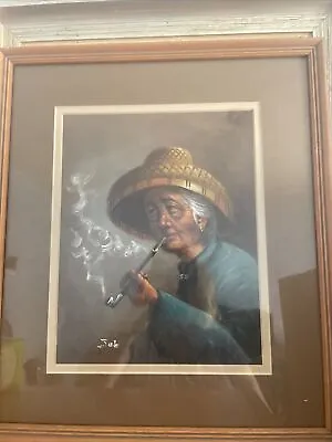 Vintage Oil On Canvas Painting  Signed By Joe Old Asain Woman Smoking Pipe ￼ • $55.30