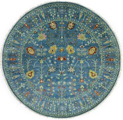 Handmade Blue Oriental Round Area Rug 8X8 Floral Osh Chobi Wool Entryway Carpet • $1082.41