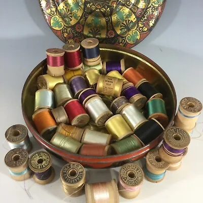 Lot Of  Wooden Thread Spools Sewing Silk In Lovely Chocolate Tin • $150