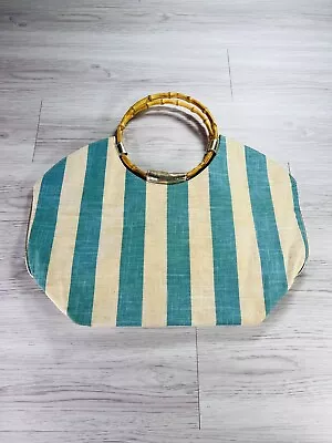 Bag Lady Mud Pie Tote Bag Aqua Blue Bamboo Handle Beach Pool Stripe Turquoise • $10.36
