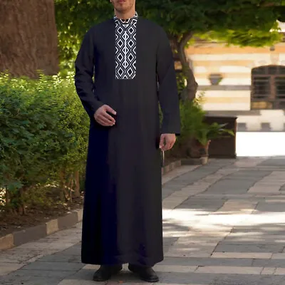 Men's Muslim Long Sleeve Clothing Saudi Jubba Arab Kaftan Thobe Long Dress Robe • £15.06