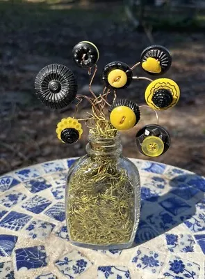 Yellow Black Flower Bouquet Vintage Button BAYER Glass Bottle • $10.50