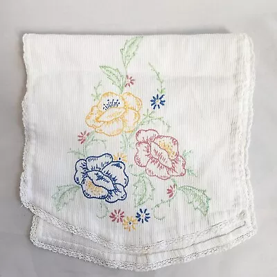 Vintage Daisy Peony Flowers Table Runner Dresser Scarf Embroidery Lace Edge • $9.99