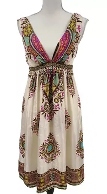 NICOLE MILLER Studio 100% Silk Summer Dress Aztec Lined Beaded  Women's Sz 0  • $24.98