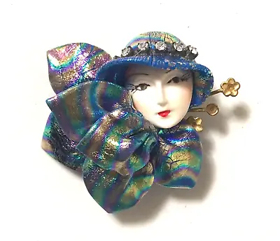 Vintage Girl Lady Wearing Scarf Hat Rhinestones Brooch Pin Peacock Colors Estate • $12.99