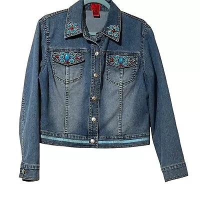 $27.99 • Buy V Cristina Size S Beaded Bejeweled Vintage Women's Stonewashed Jean Jacket Flaw