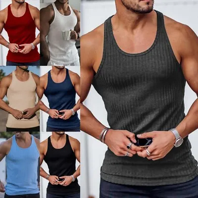 Men Ribbed Racerback Gym Fitness Muscle Tank Workout Bodybuilding Plain Vest Top • £9.26