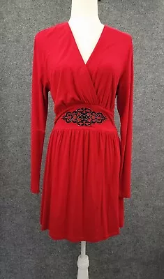 Marc Bouwer Dress Womens Medium Long Sleeve V-Neck Beaded Knee Length Red NWT • $23.99